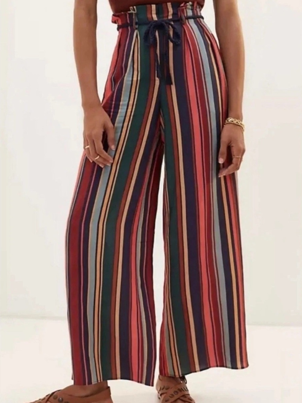 Farm Rio Anthropologie Pants Womens L Multicolor Striped Wide Leg Linen Blend